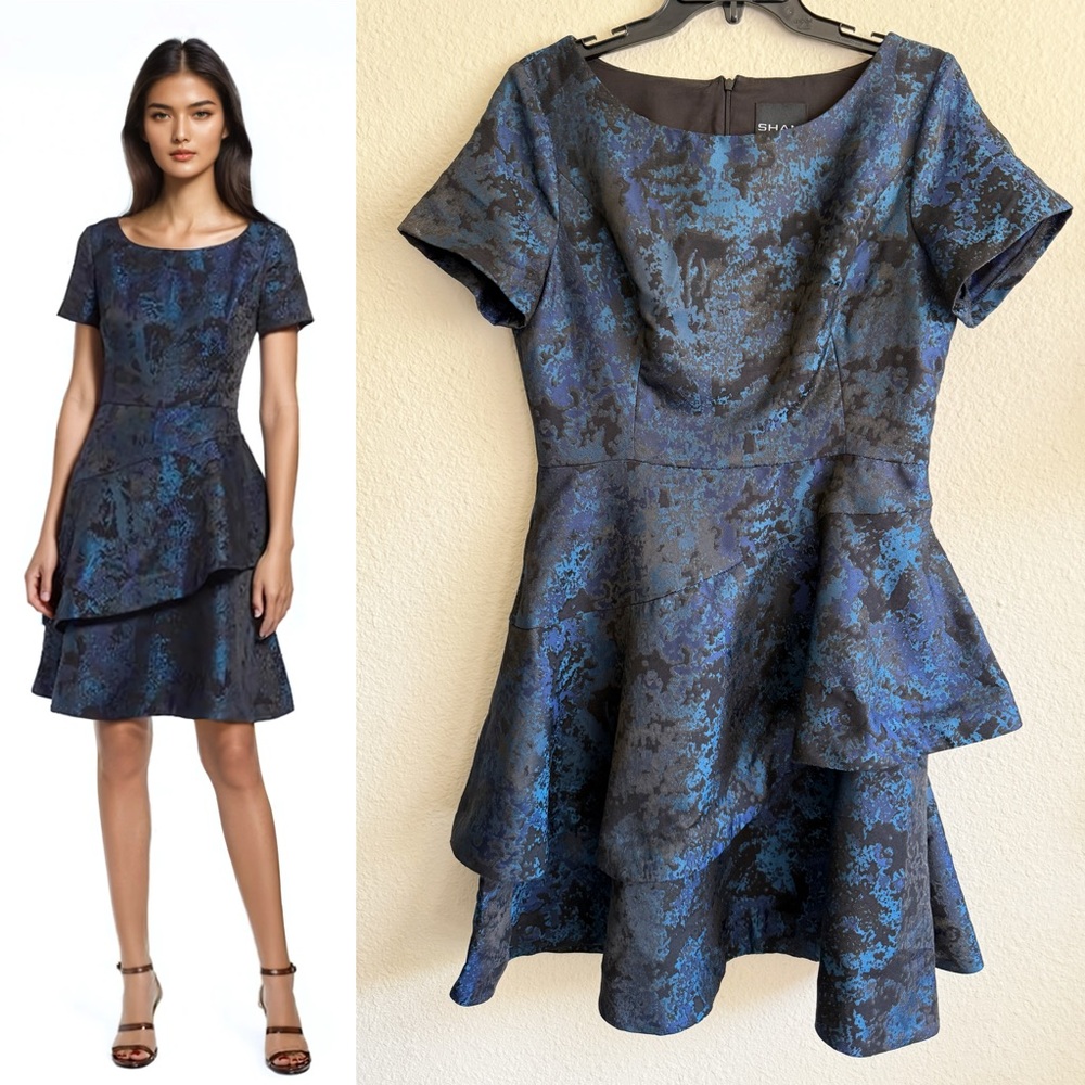 Shani Asymmetric Tiered Jacquard Dress in Blue size 8